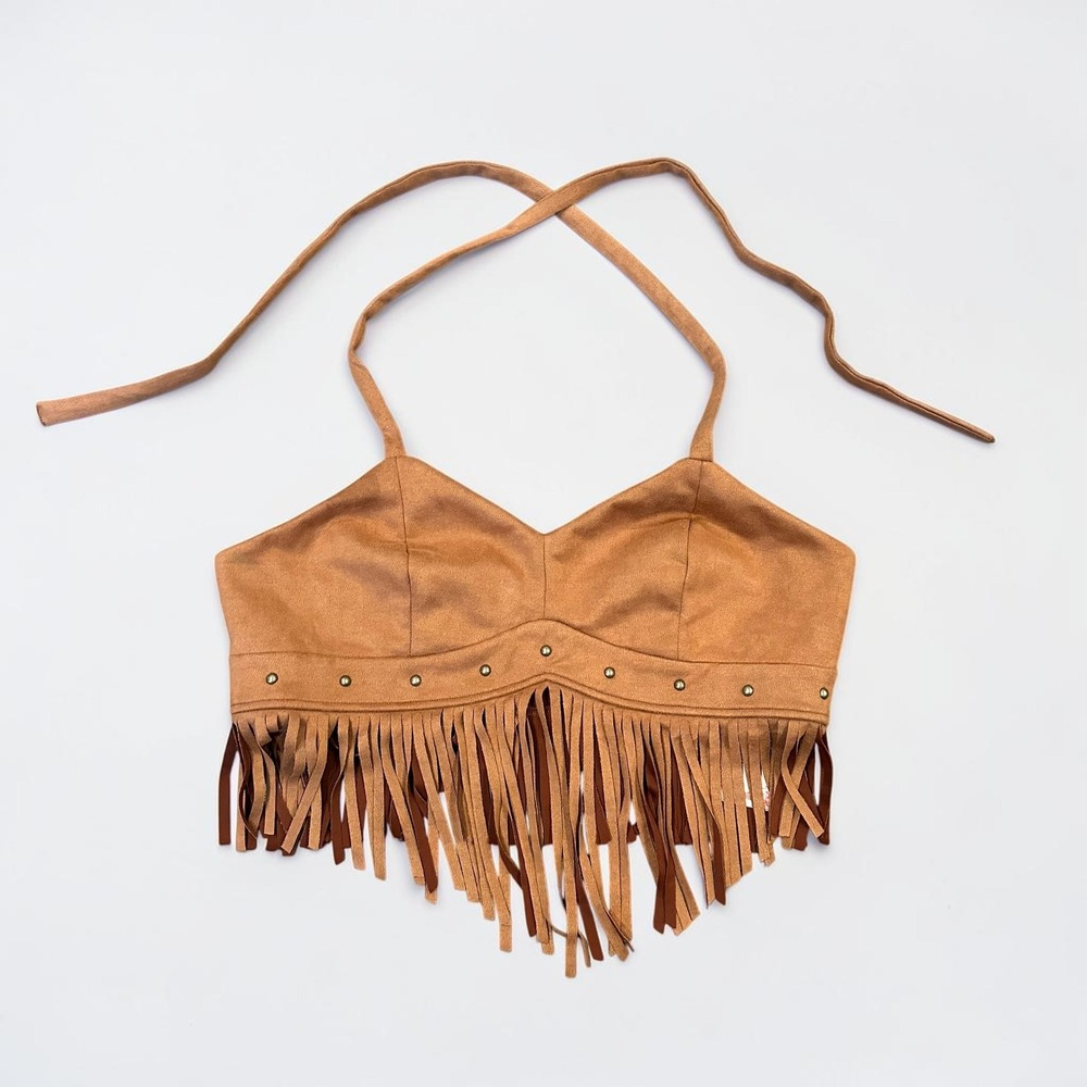 Women 2XL Brown Faux Suede Fringe Halter Crop Top Studded Western Rodeo Boho NWT
